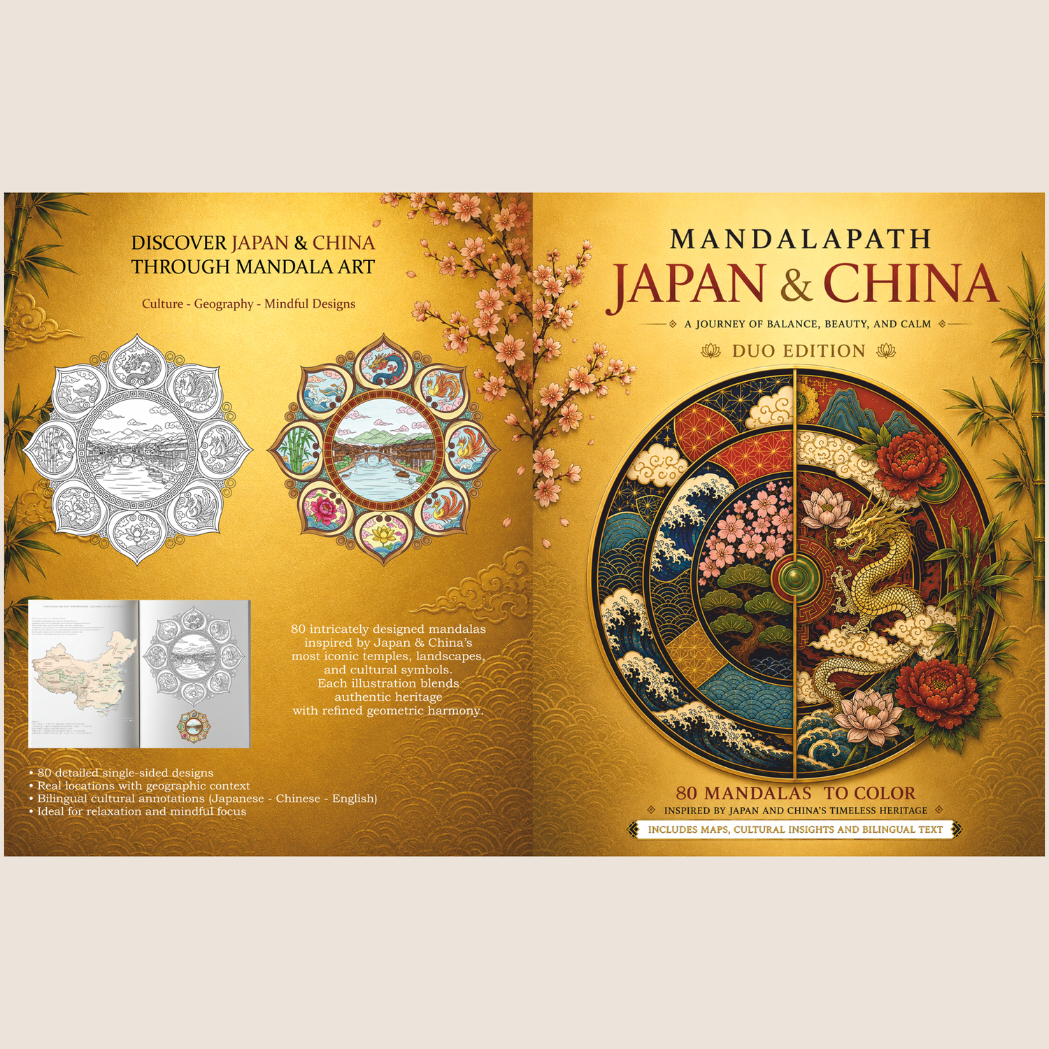 MandalaPath Duo Edition | Japan & China Landmark Mandala Coloring